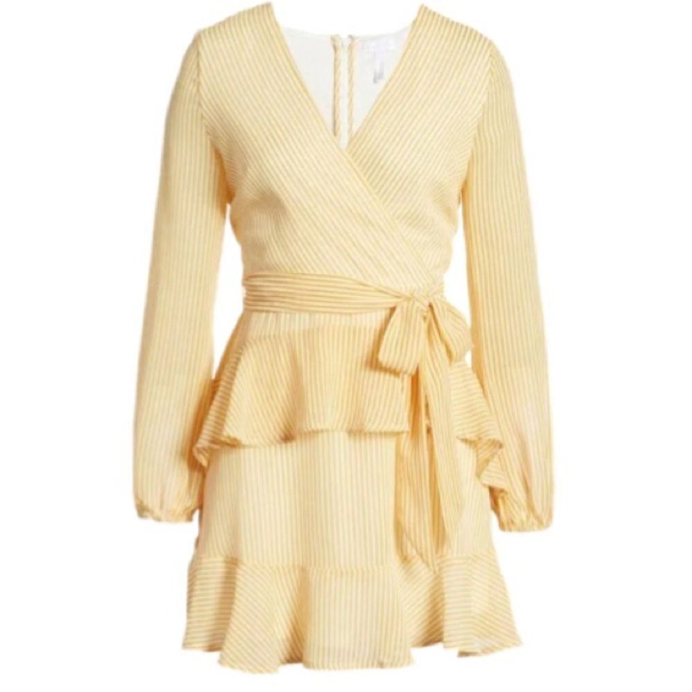 Leith White Mustard Yellow Striped Long Sleeve Belted Frilly Midi Dress